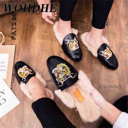 Dres Shoe Winter Mule Metal Buckle Leather Brief on Flat Women Men Rabbit Fur Shoe Comfortable Anti Embroidered Tiger Slipper 220723