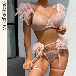 Sexy Set MeiKeDaiNicey Feather Sensual Lingerie Sexy Transparent Lace Bra with Chain Exotic Sets Porn 3 Piece Set Garters Erotic Comes L231129