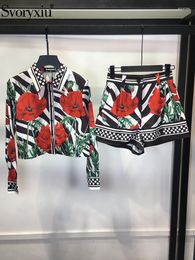 Women's Tracksuits Svoryxiu Spring Summer Designer Vintage Gorgeous Print Shorts Suit Women's Long Sleeve Button Shirt Coat Elastic