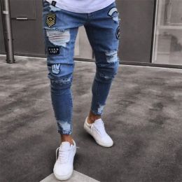 QNPQYX New Fashion Mens Skinny Jeans Rip Slim Fit Stretch Denim Distress Frayed Biker Jeans Boys Embroidered Patterns Pencil Trousers