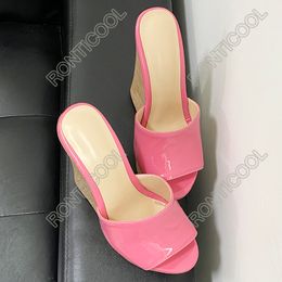 Olomm Handmade Women Summer Patent Leather Mules Sandals Wedges Heel Open Toe Gorgeous Pink Red Dress Party Shoes Size 35 45 46