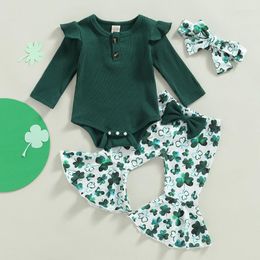 Clothing Sets 2023-12-07 Lioraitiin St Patrick's Day 0-18M Baby Girl Clothes Solid Long Sleeve Crew Neck Romper Clover Print Flare