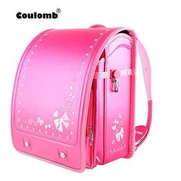 Coulomb High Quality Children Girls Kid Orthopaedic Backpack School Students Bookbags Japan PU Cute Bowknot Randoseru Baby Bags 211254E