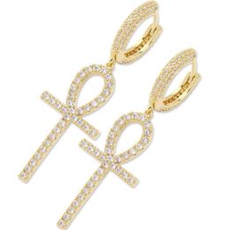 Men Women Cross Earrings Gold Silver Colour CZ Key Cross Earrings Fashion Hip Hop Earrings Gift for Men Women226Q