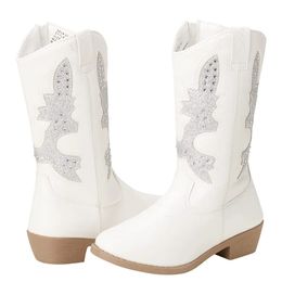 Boots Unishuni Girls Child White Kids Heeled High Leather Cowboy for Girl Western Glitter Boot 231128