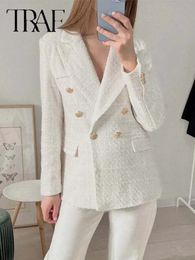 Womens Suits Blazers TRAF Beige Tweed Women Blazer Jacket Office Lady Solid Double Breasted Button Up Coat Casual Streetwear 231129