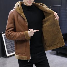 Mens Leather Faux Hooded Winter Fur Fleece Thick Jacket Casual Vintage Motorcycle Biker Coat Male Brand Design PU 231129