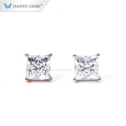 Tianyu 14K/ Pure Gold 6.5*6.5Mm Princess Cut Moissanite Screw Back Stud Earring For Lady