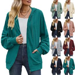 Women's Knits Ladies Autumn And Winter Solid Colour Coat Pocket Long Sleeve Loose Hooded Sweater Women Cardigan