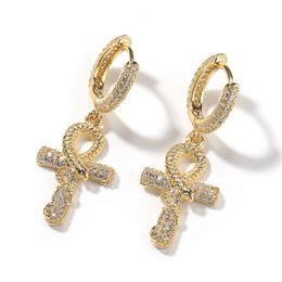 Brass Gold Plated Bling CZ Snake Cross Earrings Hoops for Men Women Earrings Fashion Bling Stud Earrings Nice Gift