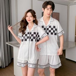 Women's Sleepwear Summer Couple Pyjamas Set White Silk Satin Print Plaid 2PCS Shirt&Shorts Women Loose Casual Home Clothes Pijamas