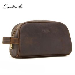 CONTACT'S cosmetic bag small for men crazy horse leather vintage toiletry case black travel bag hand-held make up wash bags m249E