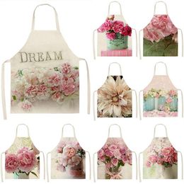 Aprons Pink Rose Flower Pattern Kitchen Sleeveless Cotton Linen Bibs 53 65cm Household Women Cleaning Cooking Apron 46424300f