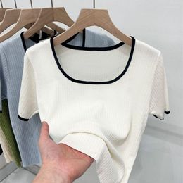 Women's T Shirts Korean Knitted Sweaters Tops Solid Color Short Sleeve O-neck Vintage Fashion Office Pullovers Femme 2023 Spring Summer Thin