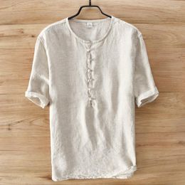 Men's Casual Shirts Pure Linen Men Pullover Short Sleeve Chinese Tradictioal Shirt Man Summer Fashion Blouse Male Slim Fit Cloth TS-254