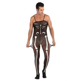 Sexy Costume Men Open Crotch Jumpsuit Sexy Lingerie Mesh Fabric Transparent Bodysuit Erotic Underwear Sexi See Through Leotard Catsuit Sex