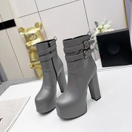 Ankle Boot platform boots round Toe 14.5cm high heel booties embellished of buckle Genuine Leather zip closure chunky boot luxury designer for women factory footwear