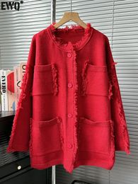 Women's Sweaters EWQ O-neck Tassel Pockets Patchwork Sweater Cardigan Jacket Women Long Sleeve Christmas Red Coat Winter Autumn 16O481 231130