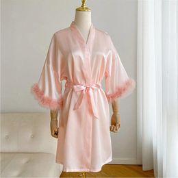 Women's Sleepwear Sexy Kimono Wedding Bride Morning Robe Silk Feathers Sleeve Pyjamas Long Sleeved Outer Seasons Wine Glass