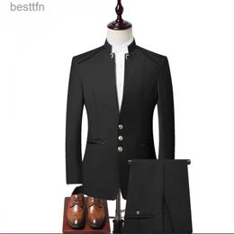Men's Suits Blazers 2023 New Men Pure Color Wedding Suit Black / Navy Fashion Men's Business Social Dance Party Standing Collar Slim Fit Blazer PantL231130