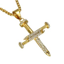 316L Stainless Steel Trendy Hip Hop Jewellery Cubic Zirconia Screw Cross Pendant Necklace For Men Women Accessories Drop 313g