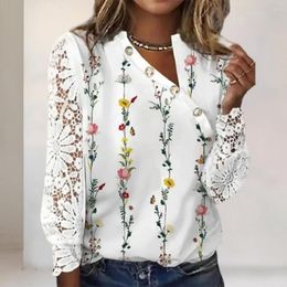 Women's T Shirts Women Blouse Button Placket Lace Patchwork Flower Print Long Sleeves Crochet Hollow Pullover Clothing