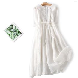 Casual Dresses Cotton Linen Round Neck Dress Double Layer Fairy Tie Waist Mid Length Travel Holiday Stripe Short Sleeve Vestidos