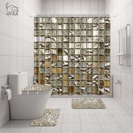NYAA 4 Pcs Mosaic Decoration Shower Curtain Pedestal Rug Lid Toilet Cover Mat Bath Mat Set For Bathroom Decor Y200407339W