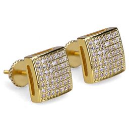 14K Gold Plated Hip Hop Micro Paved CZ Square Curved Back Screw Back Stud Earring for Men Women269U