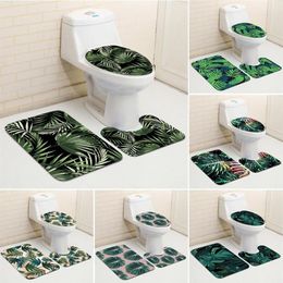 Tropical Plant Leaf Green Style Bathroom Decorative 3 Piece Set Non Slip Mat Toilet Seat Cover Elegant Stylish Bath Accessories 21255a