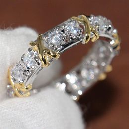 Whole Professional Eternity Diamonique CZ Simulated Diamond 10KT White&Yellow Gold Filled Wedding Band Cross Ring Size 5-11299f