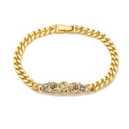 Luxury Hip Hop Cuban Link Chain Bracelet Gold Plated Micro Pave Leopard's Head Jewellery for Gift