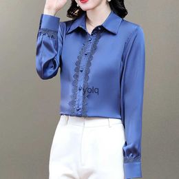 Women's Blouses Shirts New Lace Stitng Silk Women Elegant Ladies 2023 Spring Autumn Long Sleeve Tops Blusasyolq