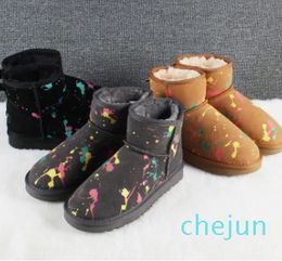 women short snow boots painting Graffiti keep warm boot Sheepskin Cowskin Genuine Leather Plush with