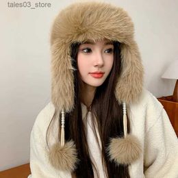 Beanie/Skull Caps Cute Ears Protection Hats for Women Autumn and Winter Warm Hair Patchwork Knitted Splicing Plush Contrasting Colour Bomber Caps Q231130