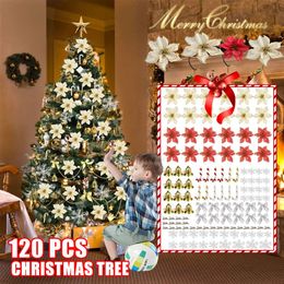 Christmas Decorations 120PCS/Set Christmas Tree Hanging Ornament Glitter Gold Flower Cane Bow Pendant For Home Xma Party Snowflakes Bells Decoration 231129