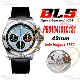 BLS Chronomat B01 ETA A7750 Automatic Chronograph Mens Watch 42 Steel Case ICE Blue Dial Black Rubber Strap PB0134101C1S1 Super Edition Reloj Hombre Puretime A1