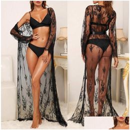 Womens Sleepwear Women Lingerie Cardigan Shirt Top Beach Cape Bikini Er Up Lace Kimono Y Perspective One-Piece Pyjamas Robe Drop Deliv Dhd5H