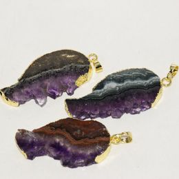 Pendant Necklaces Geode Druzy Purple Crystal Stone Natural Slice Feather 2023 For Women Gold Plating DIY Jewelry Making Quartz SlabPendant