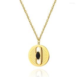 Pendant Necklaces Stainless Steel Round Disc Necklace Gold Color Nature Stone Inlay Sunshine Charm Chokers