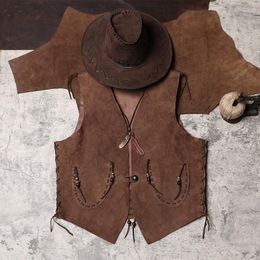 Men's Vests Quality Western Cowboys Riding High Leather Vest Vintage Reversible Sleeveless Jackets Genuine Sheepskin Waistcoat