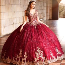 Luxury Beading Red Shiny Quinceanera Dresses Gold Lace Applique Off The Shoulder Sweet 16 Dress vestido de 15 anos Prom Gowns