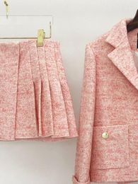 Work Dresses 2023 Spring Pink Tweed 2-piece Set Casual Notched Collar Button Pockets Blazers Coat With Mini Skirt Women Office Ladies Suits