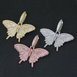 Animal Pink butterfly Pendant Necklace With Chain Rosegold Gold Silver Cubic Zircon Men Women Hip hop Rock Jewelry218l