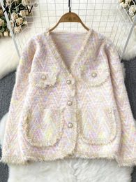 Women's Knits XFPV Sweet Tassel V-neck Imitation Mink Velvet Knitted Sweater Jacket Korean Fashion Tide Autumn Winter 2023 SM9288