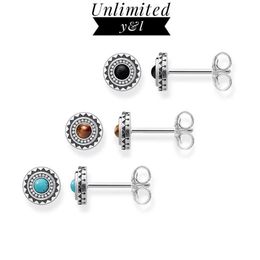 10MM Round Sun Stud Earrings for Women 925 Sterling Silver Black Yellow Blue Stone Style High Quality Ear Stud Jewelry318Y