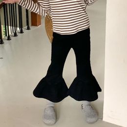 Trousers Girls Pants 2023 Autumn Ruffle Elastic Waist Ankle-length Black Solid Casual Concise All-match Flare Korean