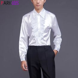 Men's Casual Shirts White Pleat Satin Tuxedo Mens Dress Shirts Brand Slim Fit Long Sleeve Silk Like Shirt Men Party Prom Chorus Stage Clothing 2XL 231130