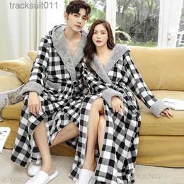 Men's Robes Men Winter er Long Hooded Thick Warm Plaid Flannel Bathrobe Plus Size Coral Fleece Kimono Bath Robe Women Night Dressing Gown L231130