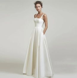 Simple Satin Wedding Dresses For Women 2024 Square Neck Spaghetti Straps Backless Elegant A-line Bridal Gown Custom Made Vestidos De Noiva